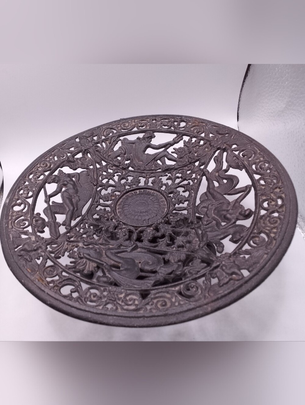 Vintage Iron Art No 2 Pedestal Dish Greek Roman Motif 8-1/4” Diameter